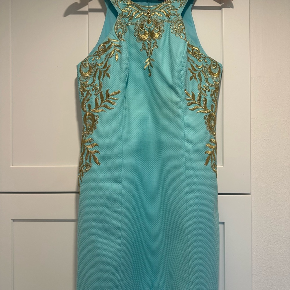 🏖️ Lilly Pulitzer Turquoise and Gold Women's Tina Shift Dress, Size 6